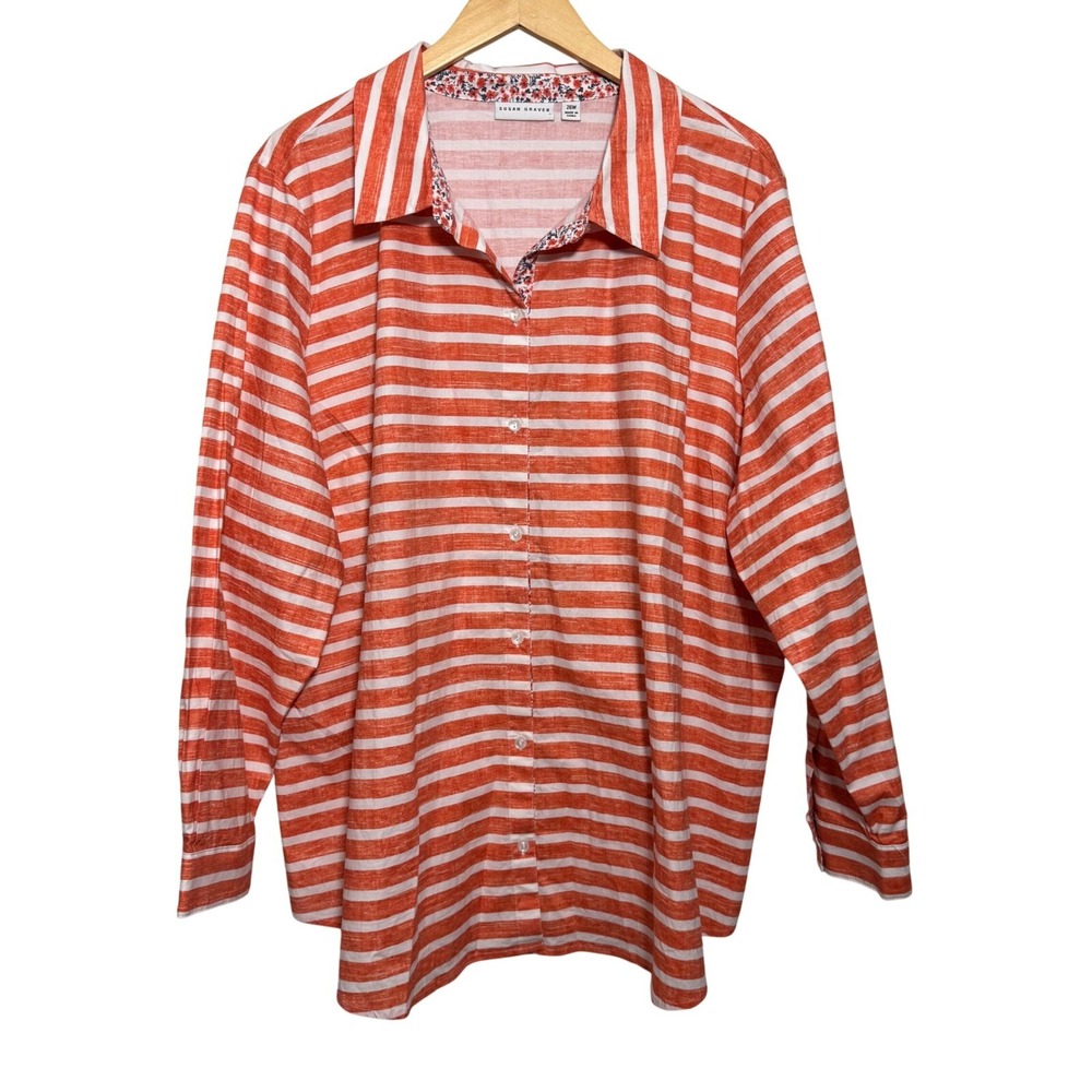 Susan Graver Womens‎ Shirt 26W Orange White Striped Button Down Long Sleeve